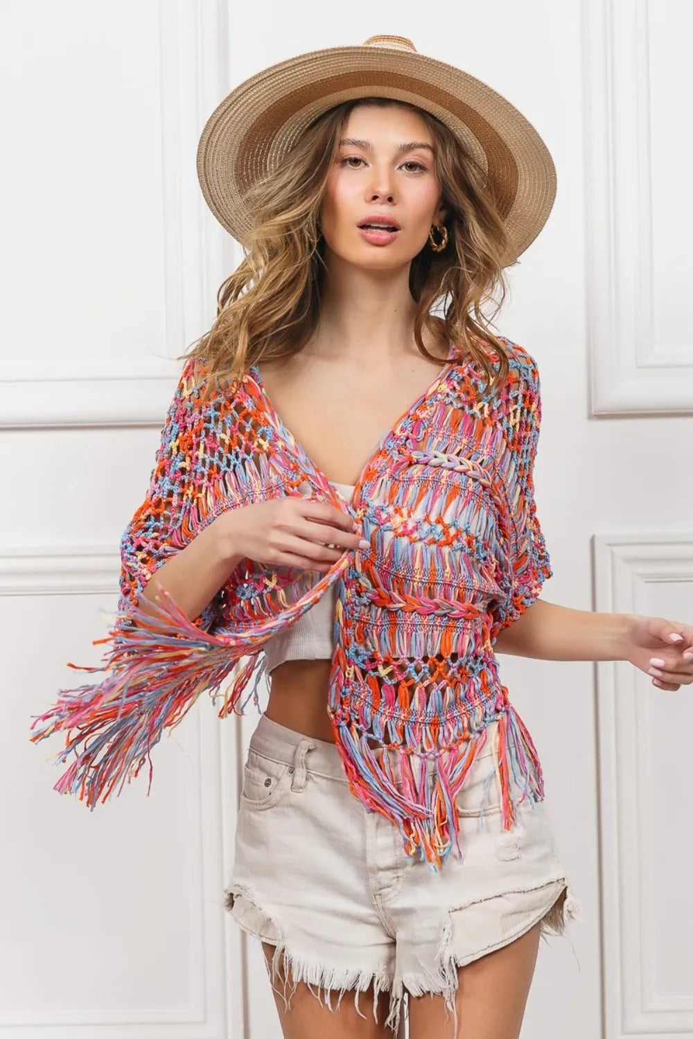 BiBi Open Front Fringed Crop Knit Cardigan - Fashorio