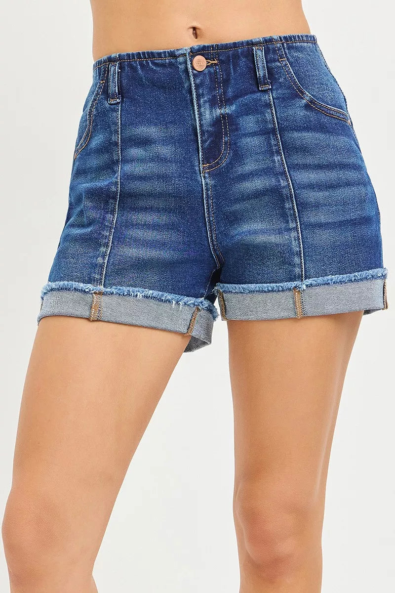 RISEN dark wash slouchy cuffed denim shorts front view