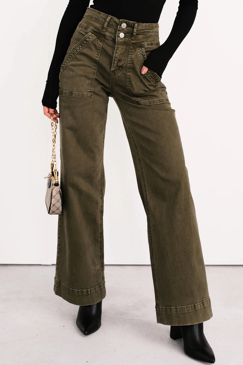 Green double waistband loose straight leg jeans front view