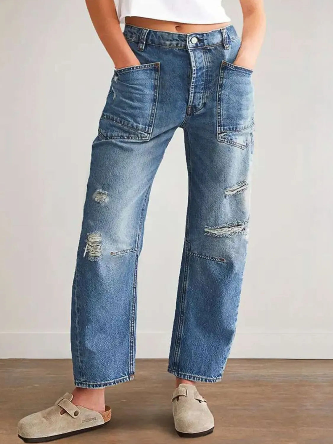 Distressed high waist straight jeans front view