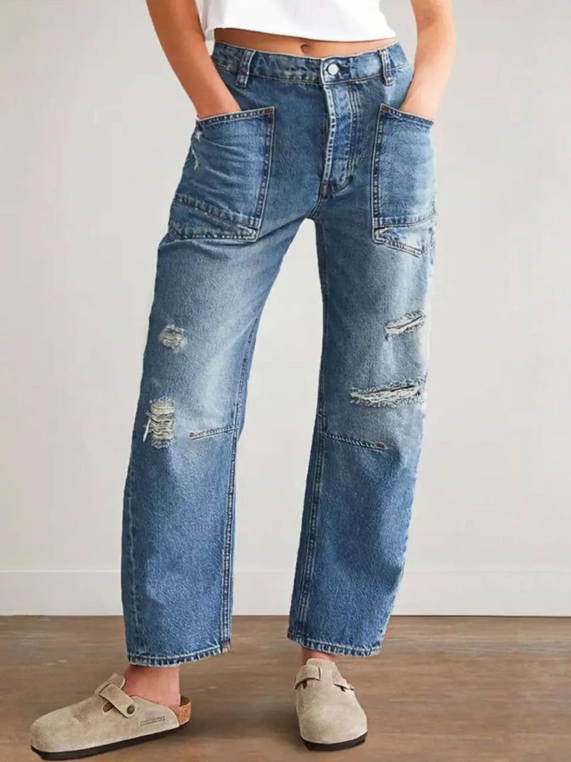 Distressed high waist straight jeans front view
