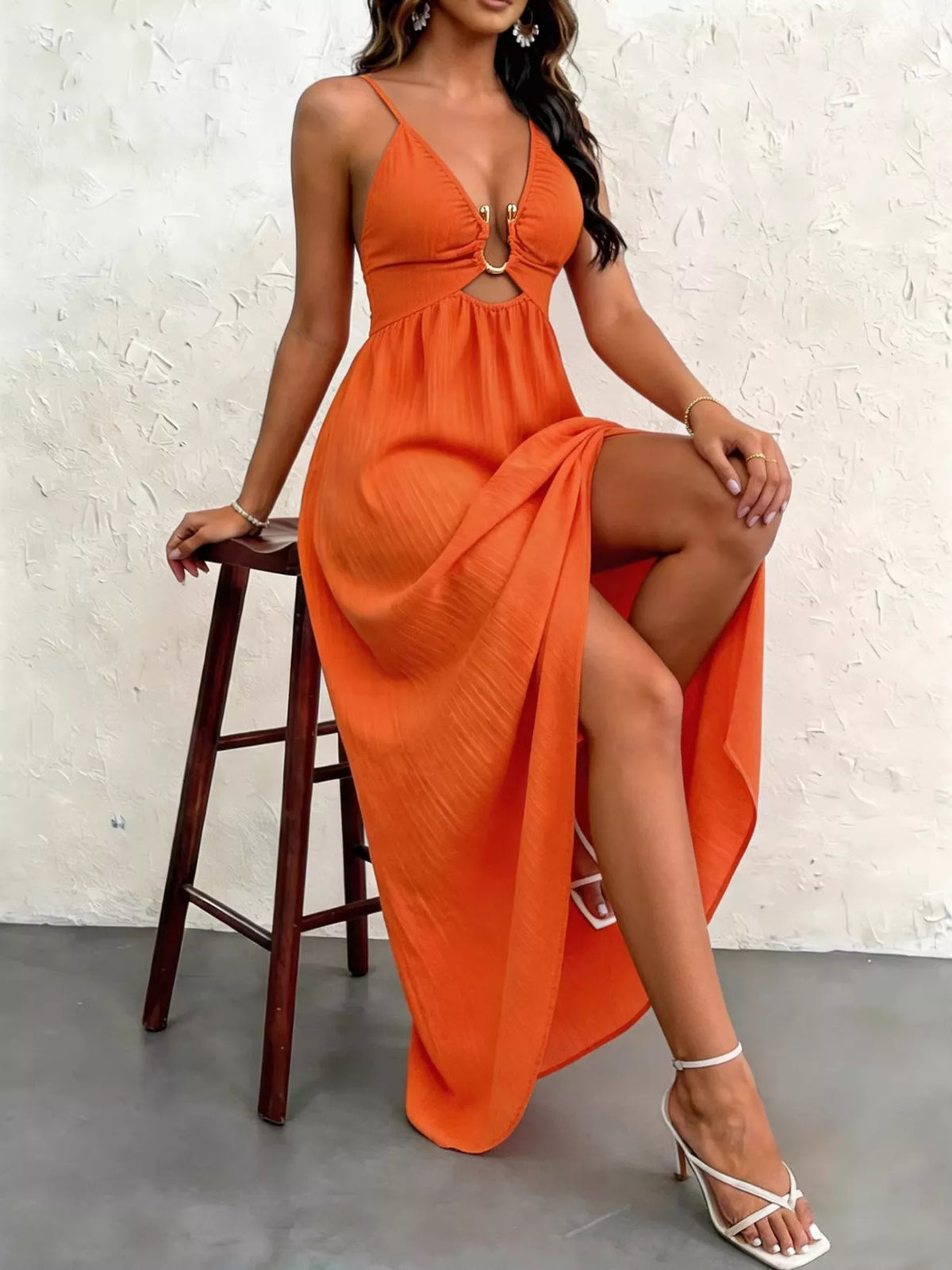 Orange cutout front high slit bodycon maxi dress back view