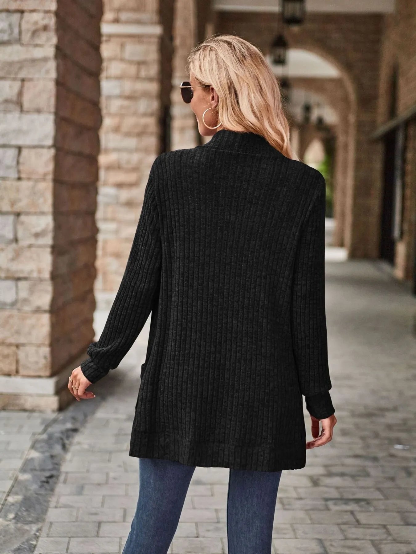 Ribbed Open Front Long Cardigan with Pockets - Fashorio