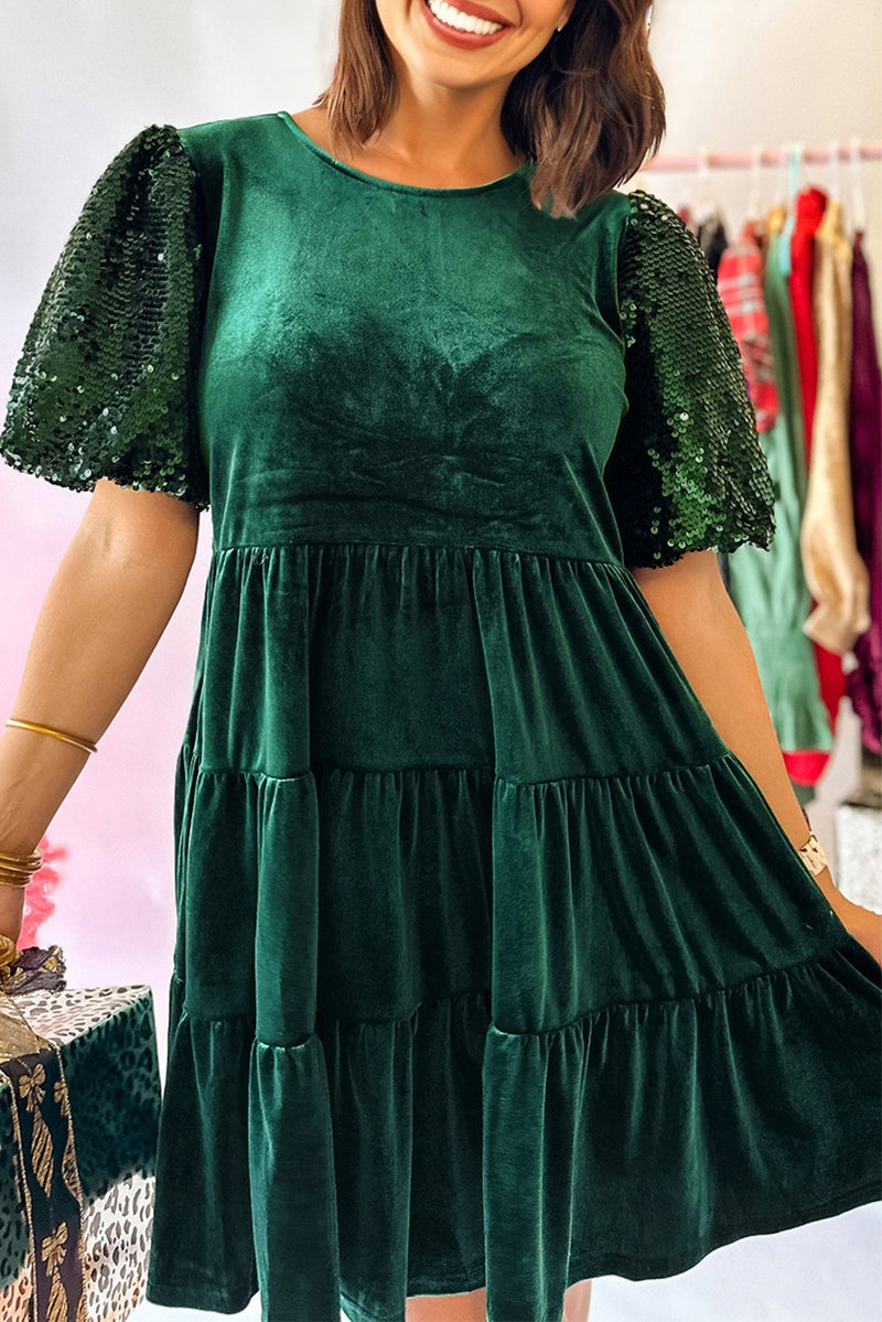 Green velvet sequin puff sleeve mini dress front view