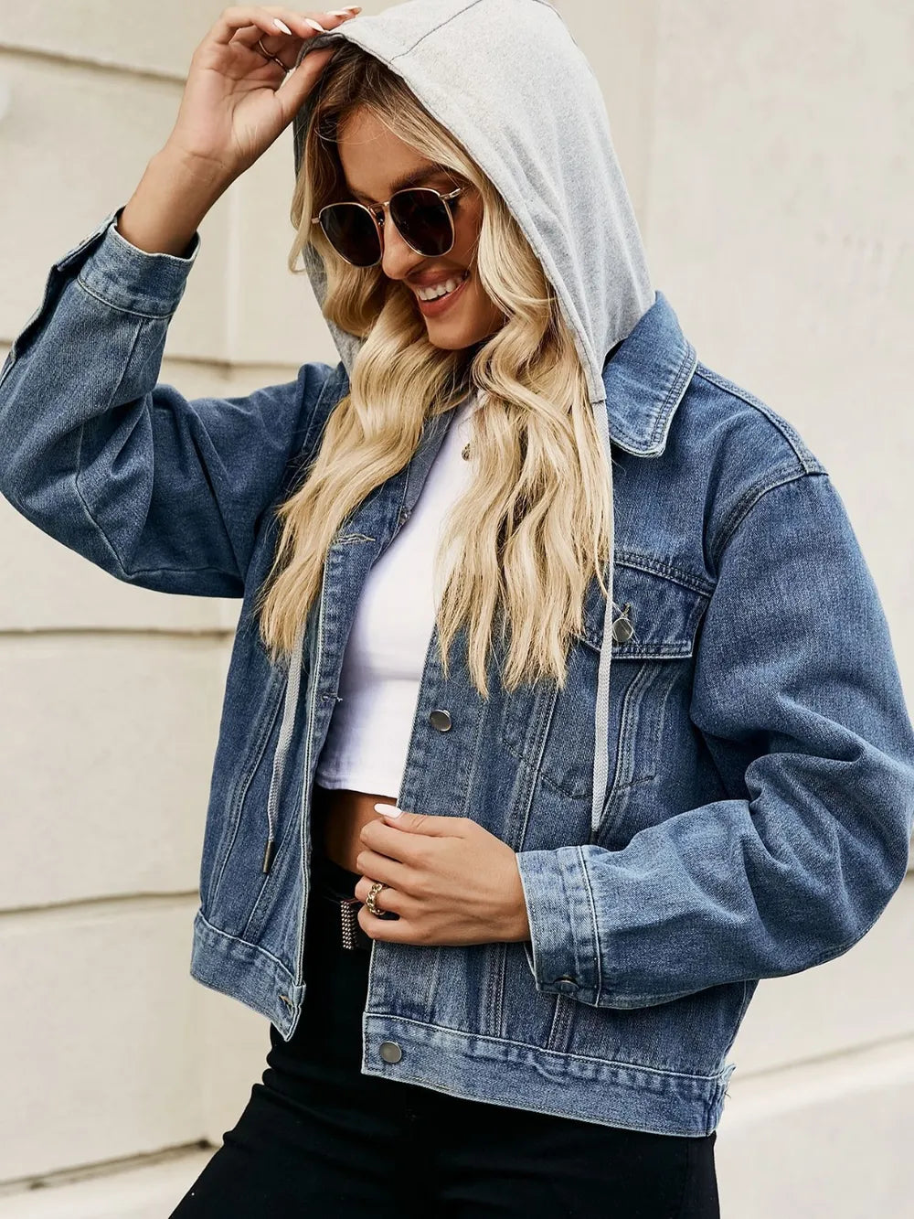 Drawstring Hooded Button Up Denim Jacket - Fashorio