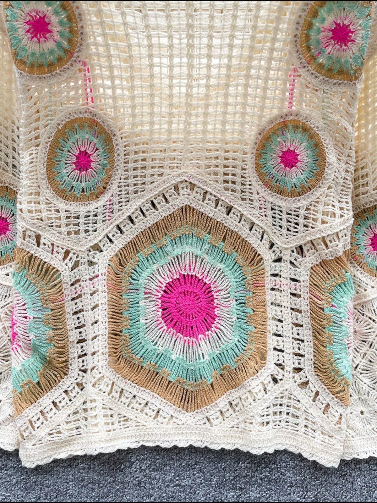 Crochet v neck knit cover up, full length styling