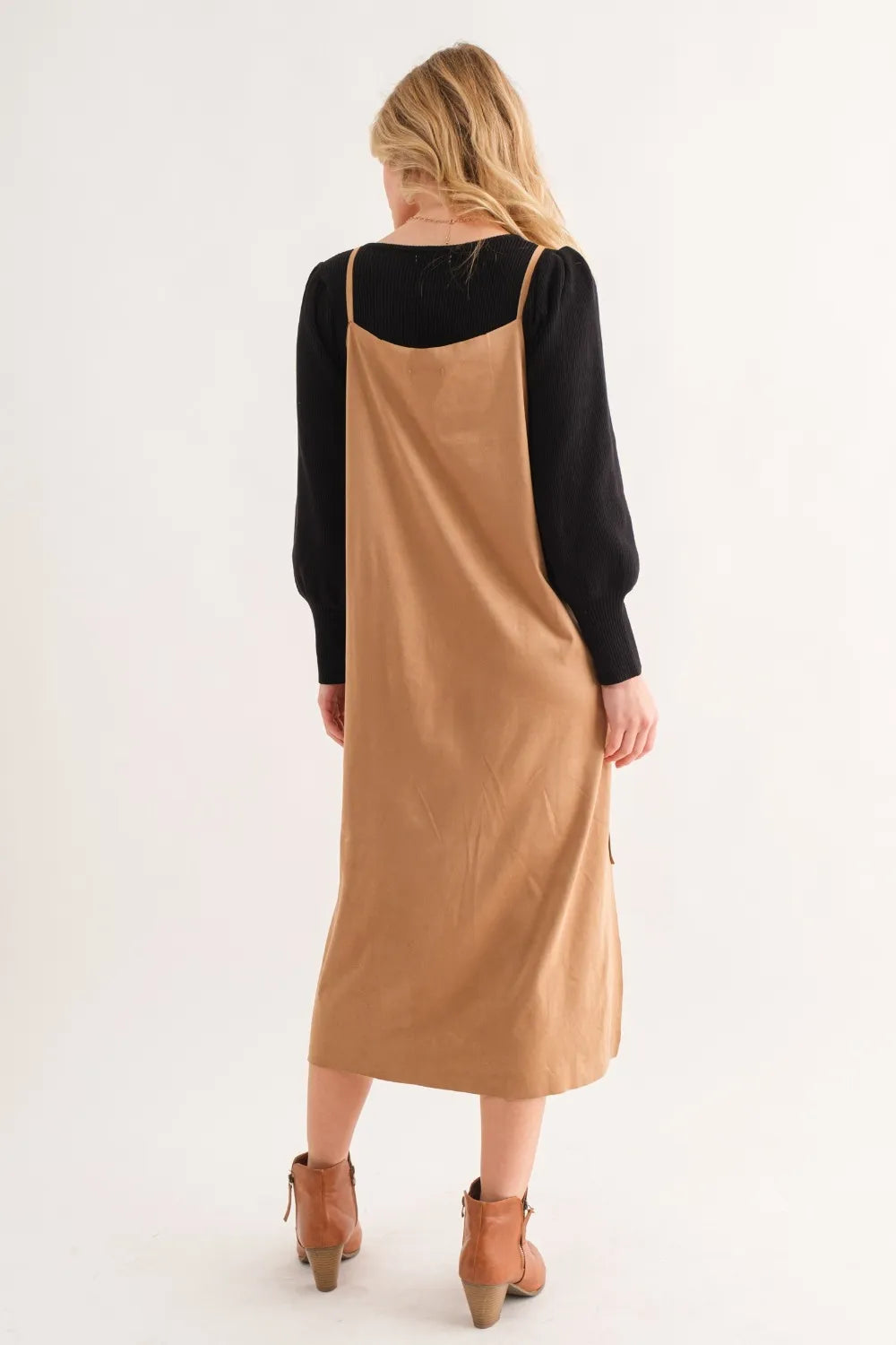 Faux Suede Cut Edge Slit Cami Midi Dress detail