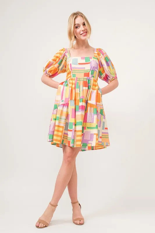 Square Neck Puff Sleeve Geo Printed Mini Dress close up