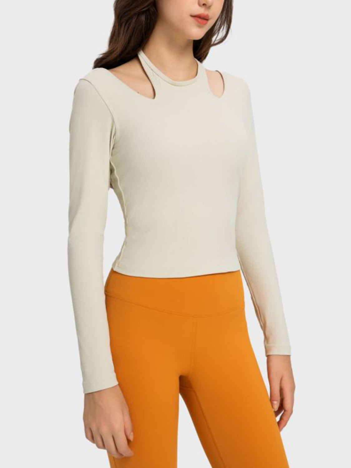halter neck long sleeve active top worn on model