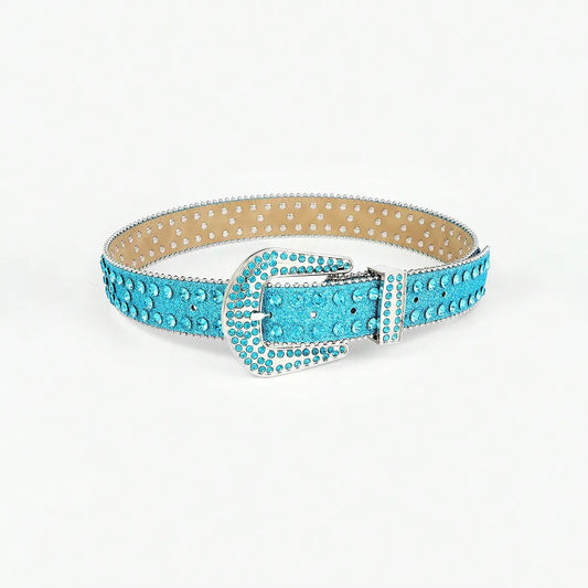 Rhinestone PU Leather Belt Pastel Blue - Fashorio
