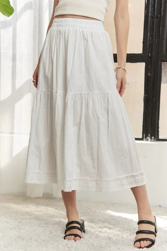 ADORA Elastic Waistband Tiered Midi Skirt - Fashorio