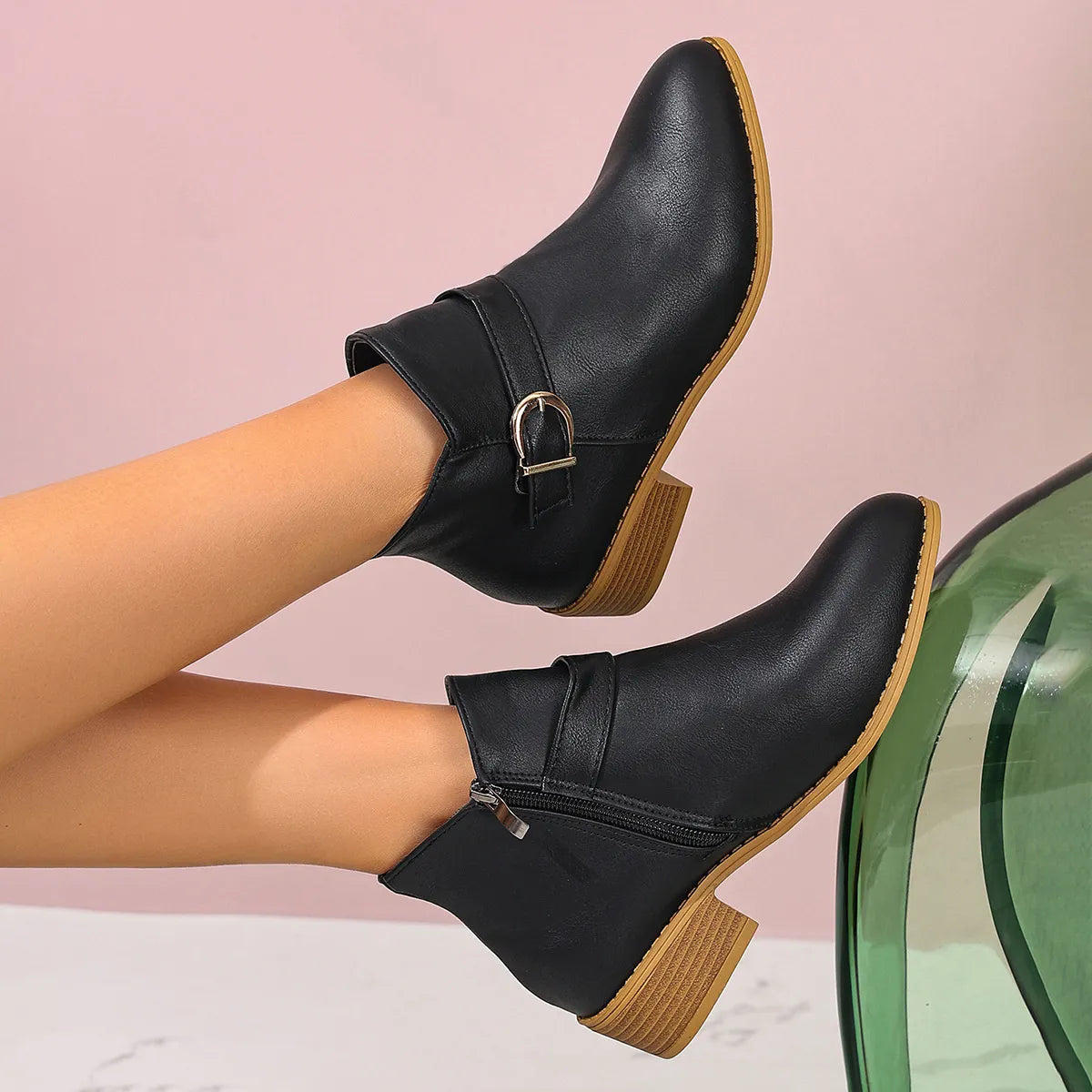 Point toe block heel boots angled pair