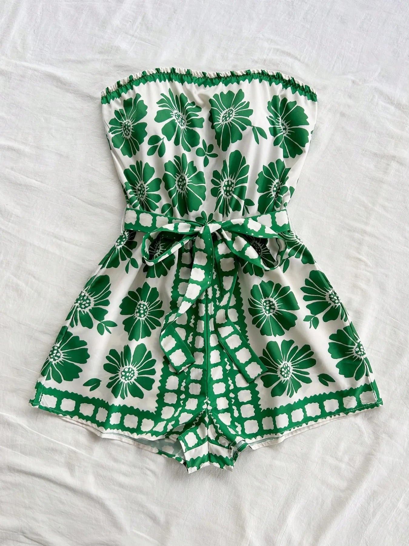 Printed Tube Tie Waist Romper - Fashorio