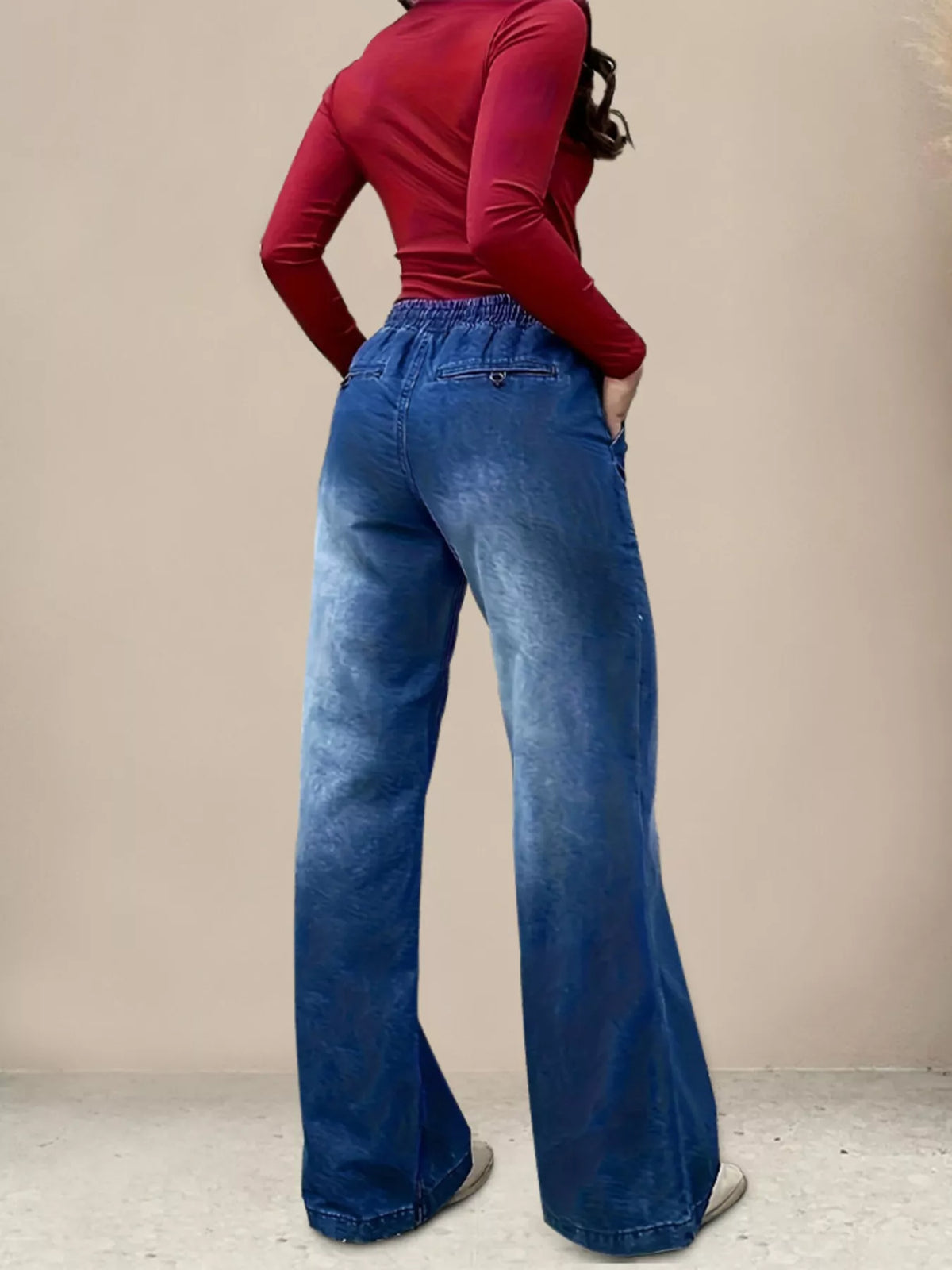 Relaxed wide leg drawstring jeans