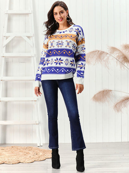 Snowflake Pattern Round Neck Sweater - Fashorio