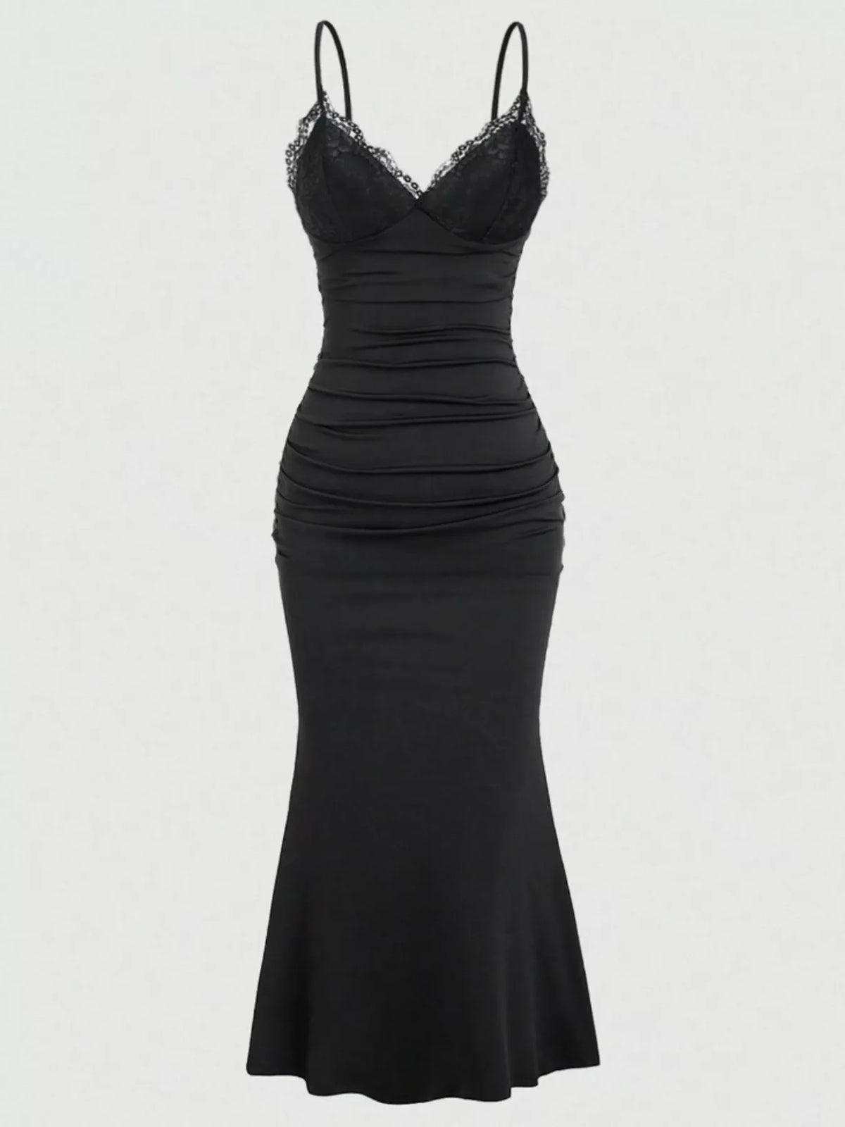 Three quarter view of the fitted dress silhouette