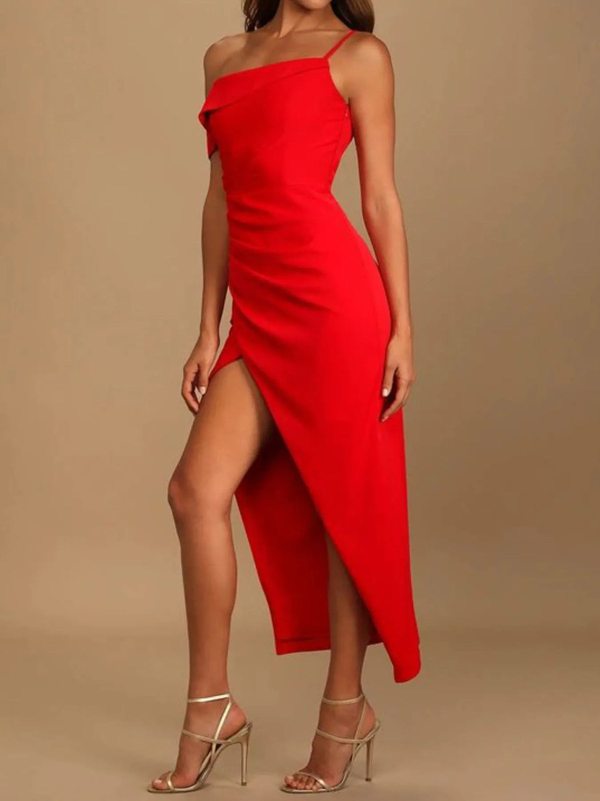 split asymmetrical neck midi dress skirt detail