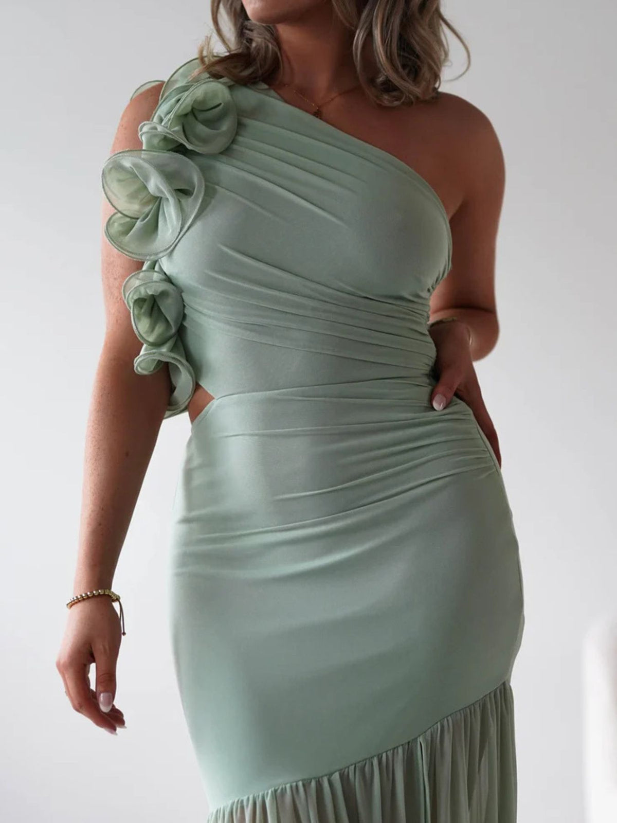 one shoulder ruffle trim maxi dress full length view