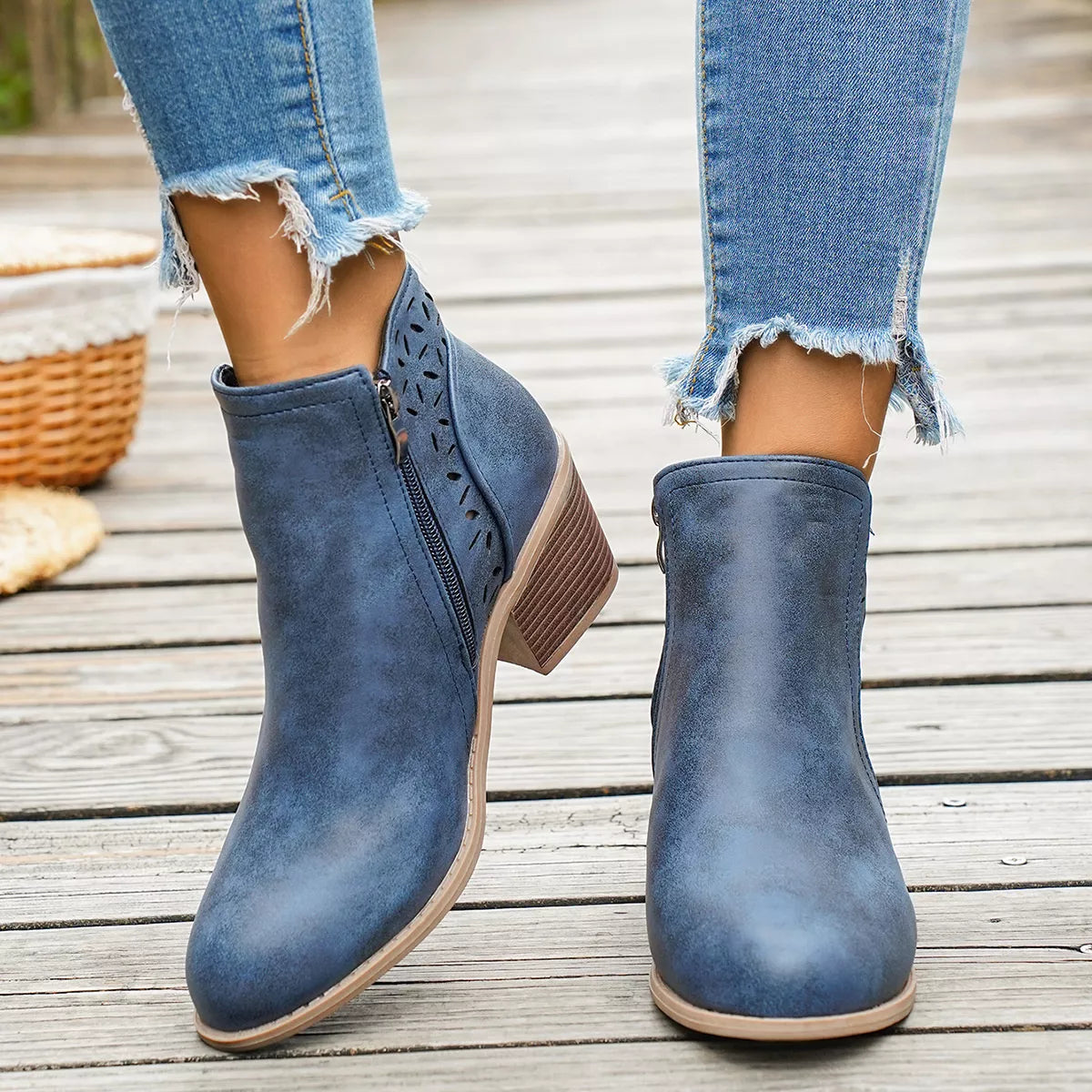 Round toe block heel boots, toe close up