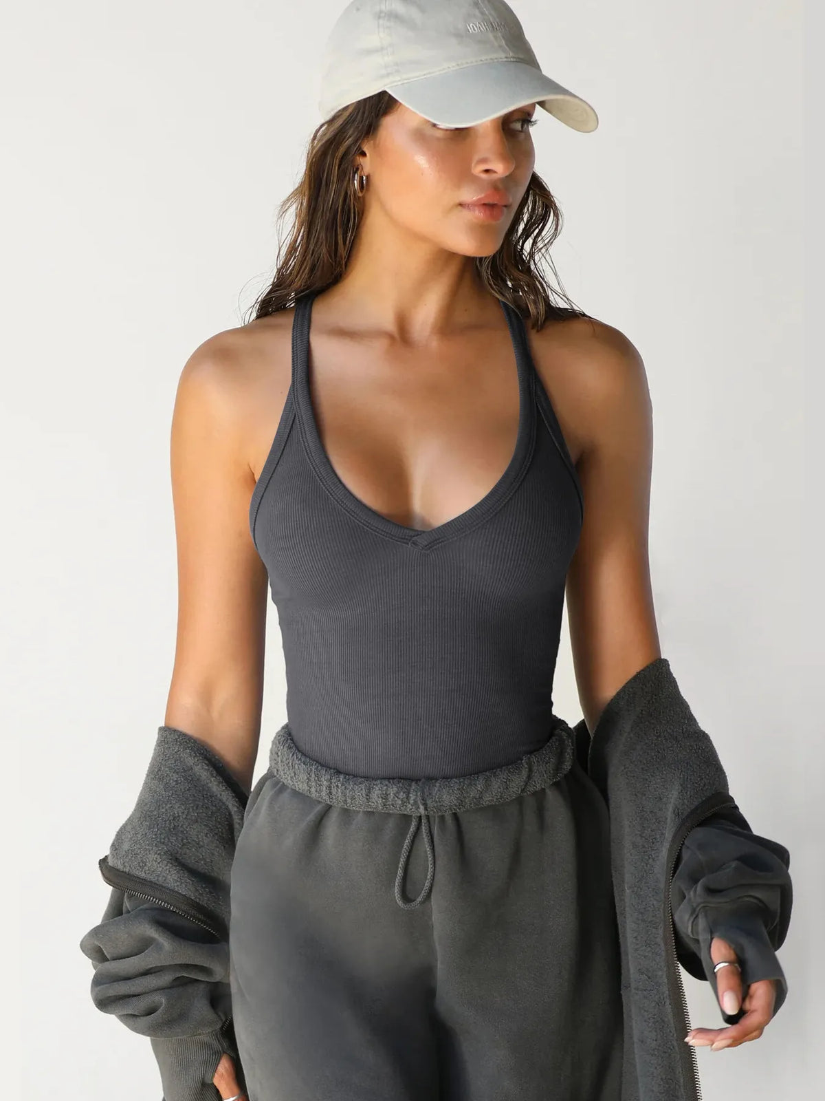 Ribbed tank top shoulder strap close up