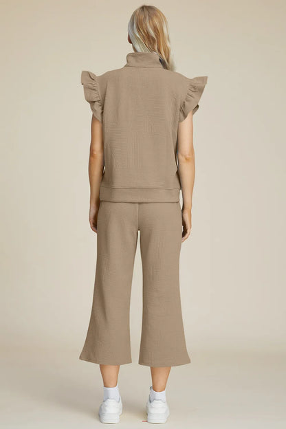 Double Take Full Size Texture Ruffle Short Sleeve Top and Wide Leg Pants Set - Fashorio