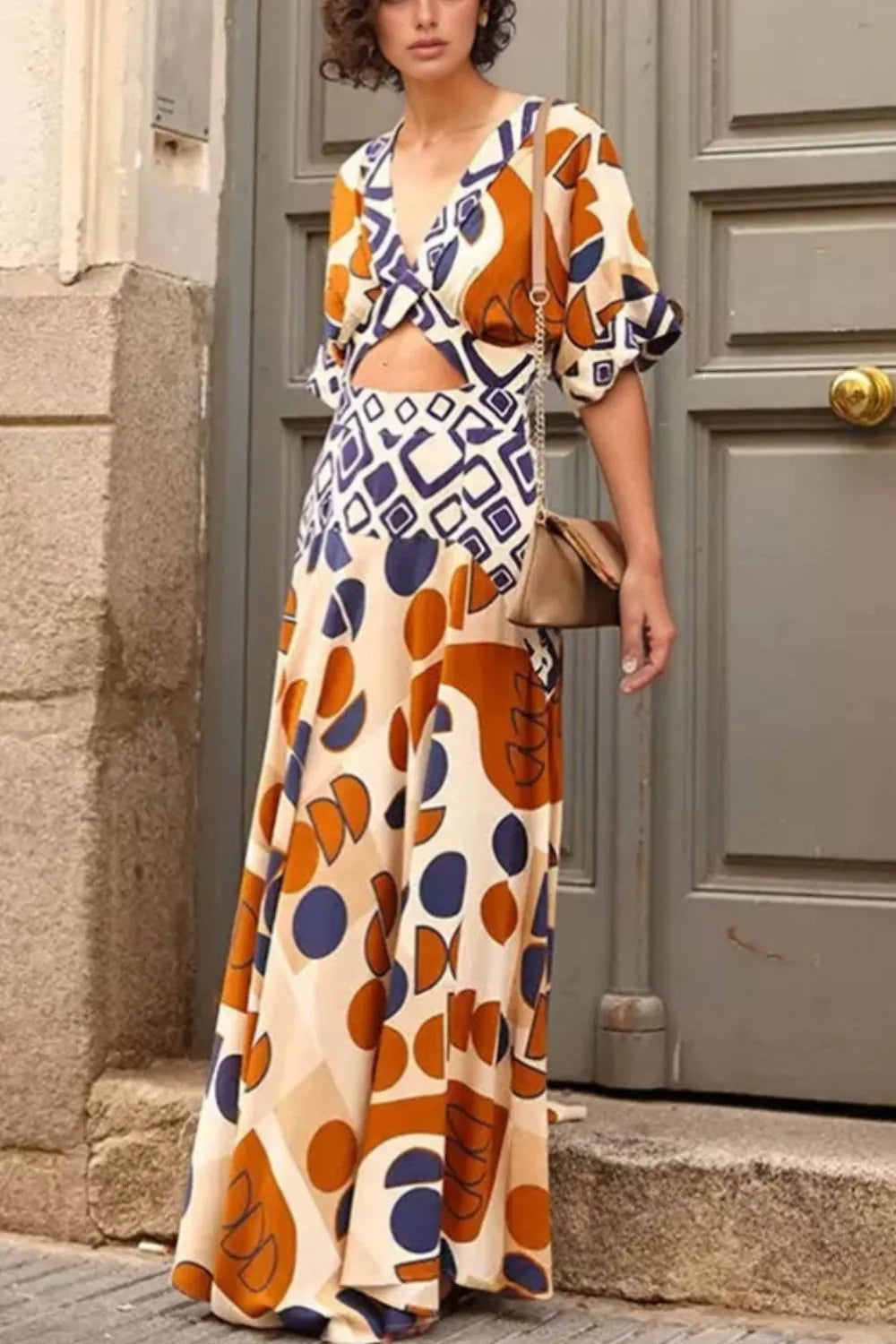 Caramel geometric maxi dress cutout detail