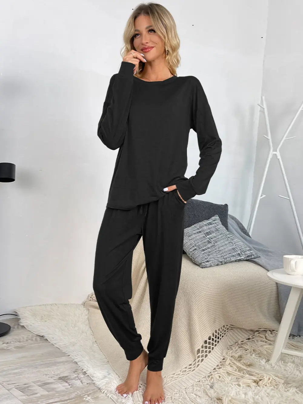 Shiny Round Neck Top and Drawstring Pants Lounge Set - Fashorio