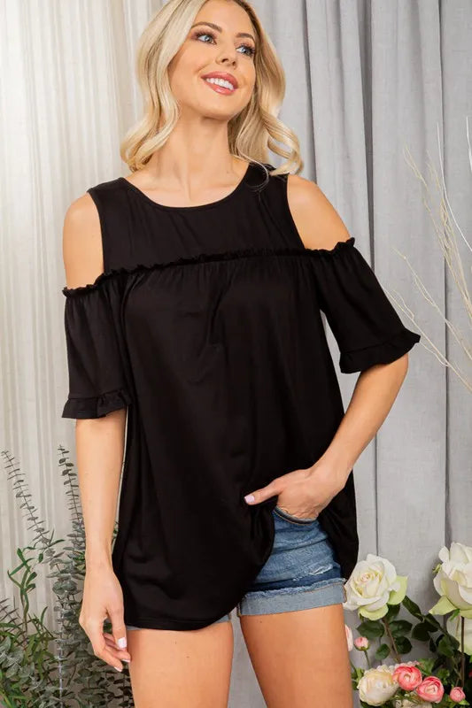 Frill Cold Shoulder Round Neck Top, view 11