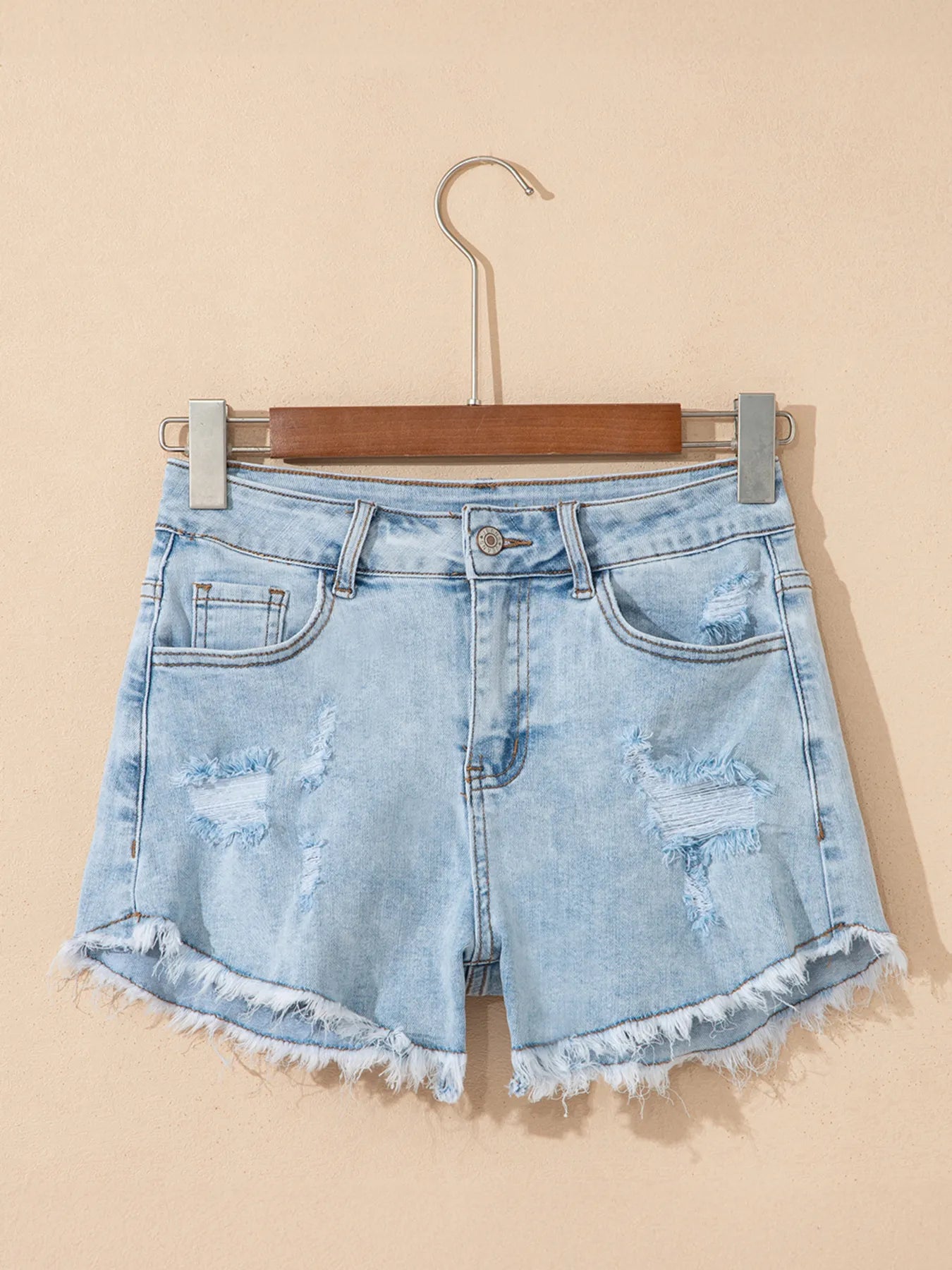 High Rise Distressed Raw Hem Denim Shorts - Fashorio