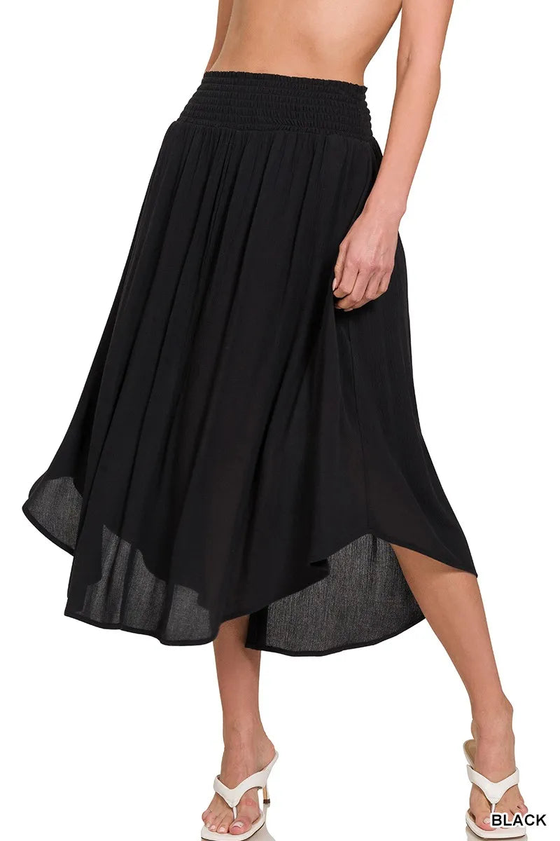 Zenana Woven Crinkle Smocked Waist Maxi Skirt W Pockets BLACK - Fashorio