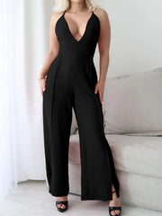 Crisscross Back V-Neck Wide Leg Jumpsuit - Fashorio