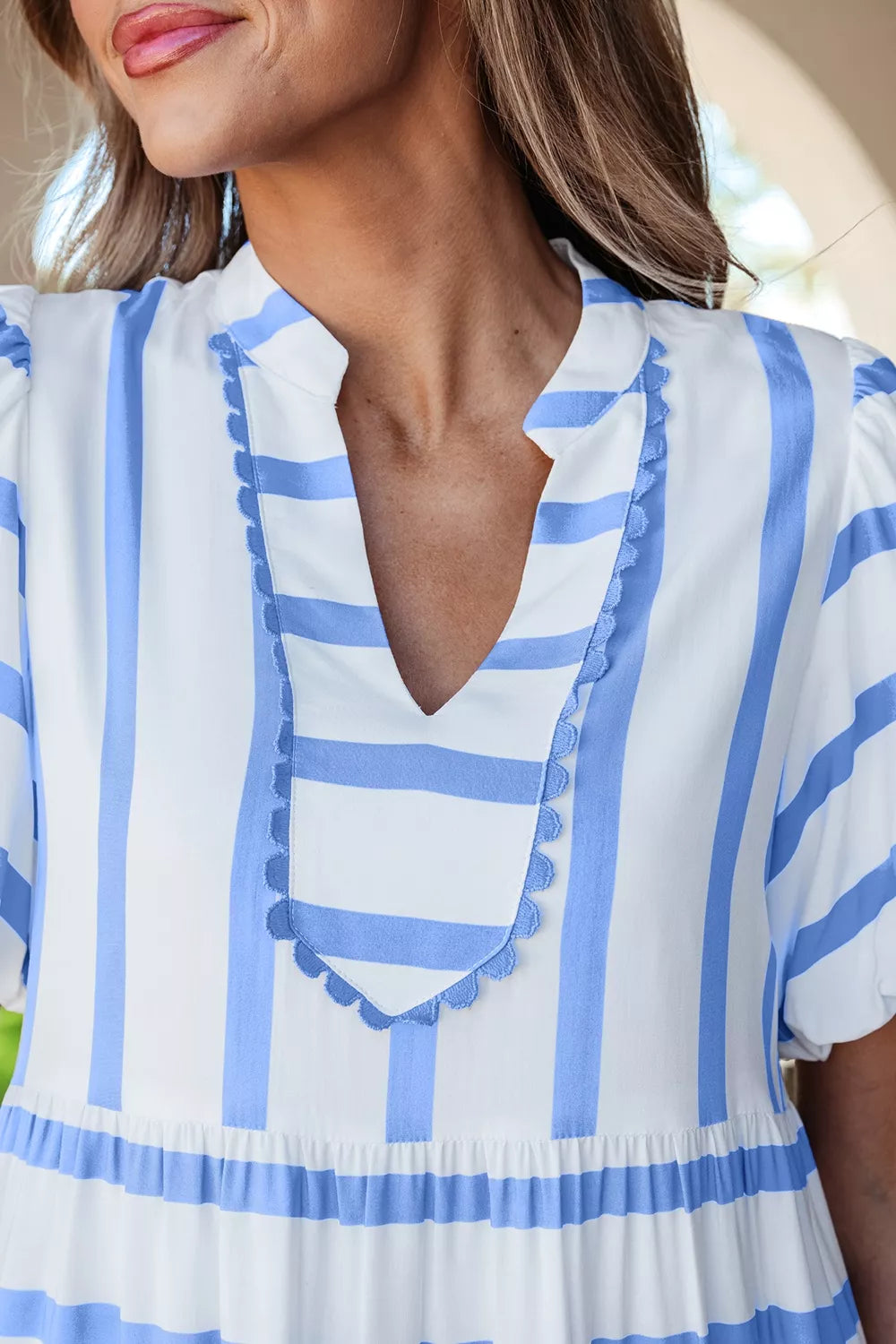 Light blue striped tiered maxi dress back view
