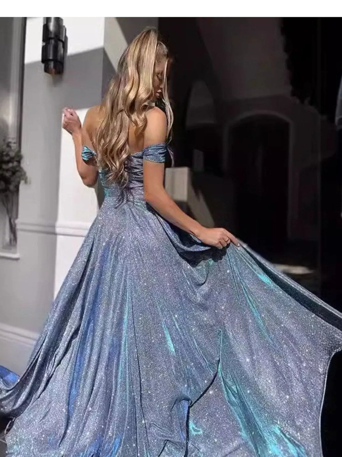 Off Shoulder High Slit Maxi Dress back view