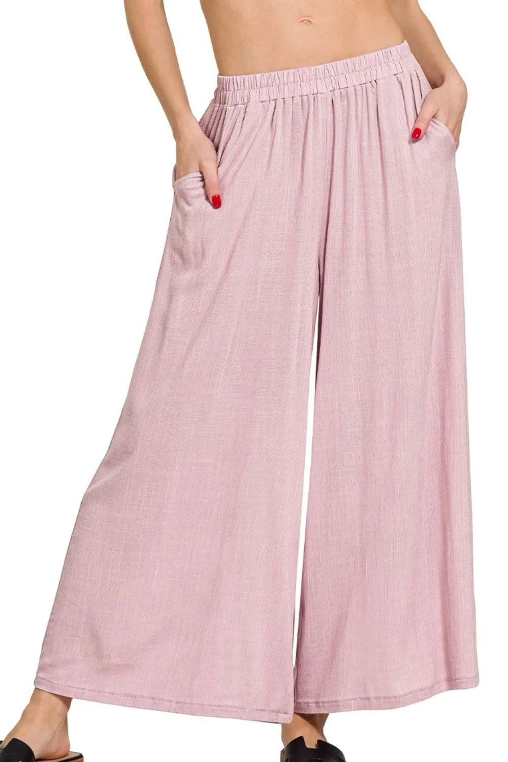 Zenana Woven Elastic Band Pants With Pocket LT ROSE - Fashorio