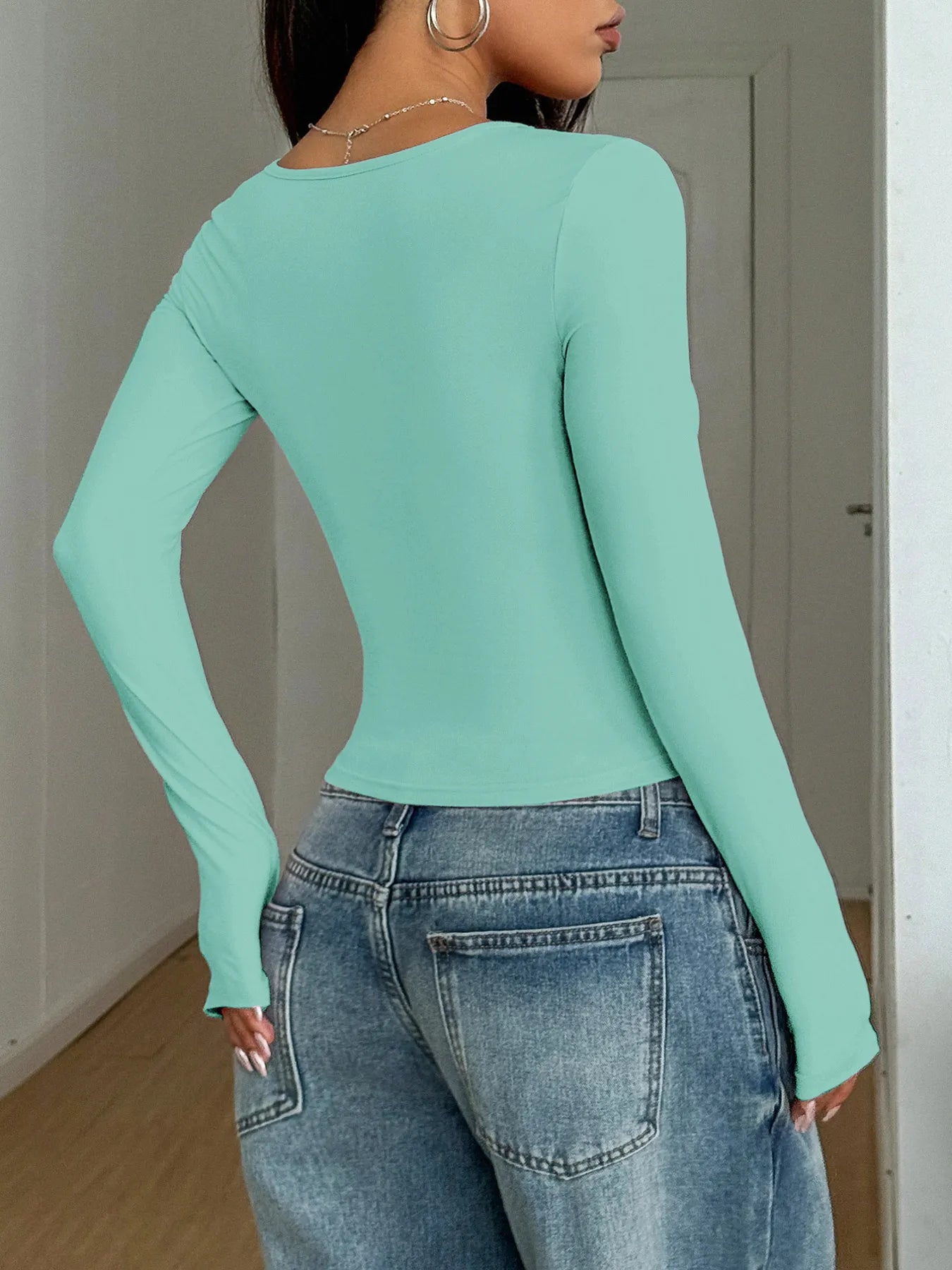 Square Neck Long Sleeve Fitted T-Shirt - Fashorio