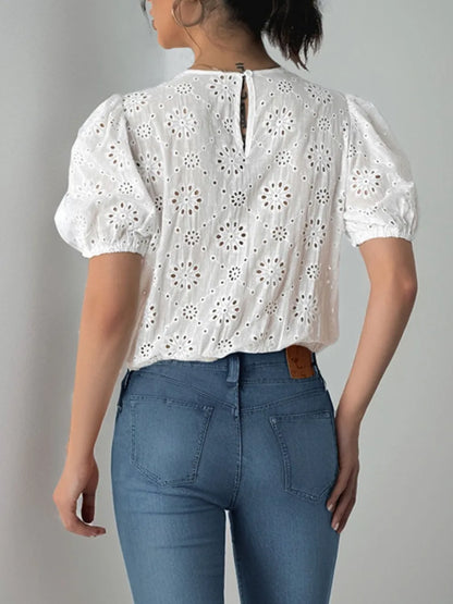 Perfee Tied Eyelet Short Sleeve Bodysuit - Fashorio