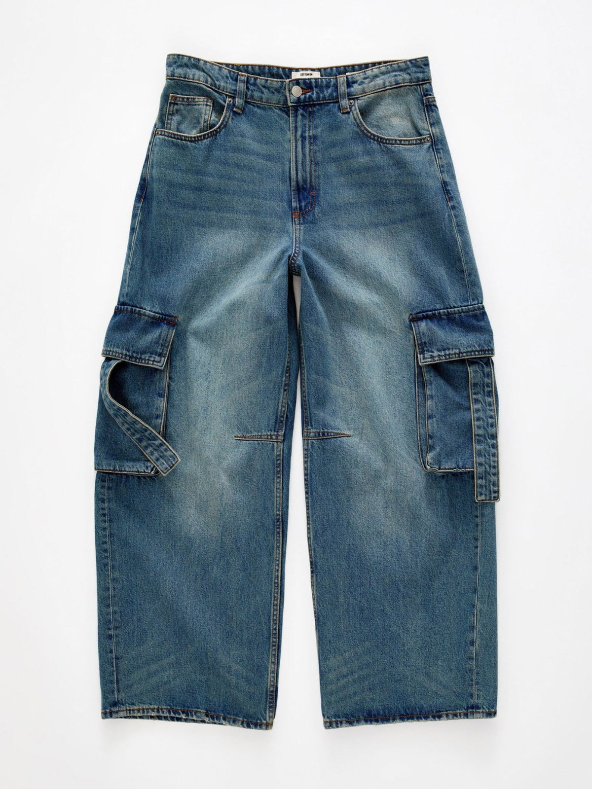 Wide leg cargo jeans styled full length
