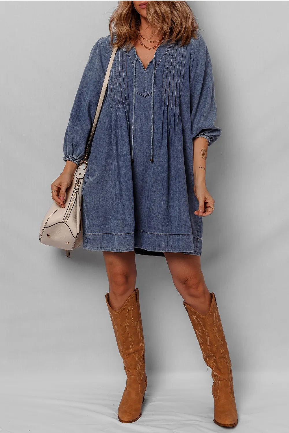 Tie Neck Long Sleeve Mini Denim Dress - Fashorio