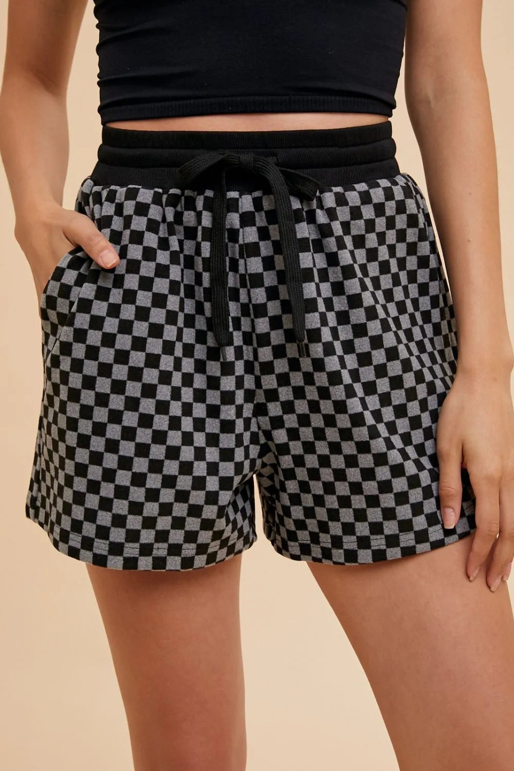 Annie Wear Checkered Round Neck Top and Drawstring Shorts Set - Fashorio