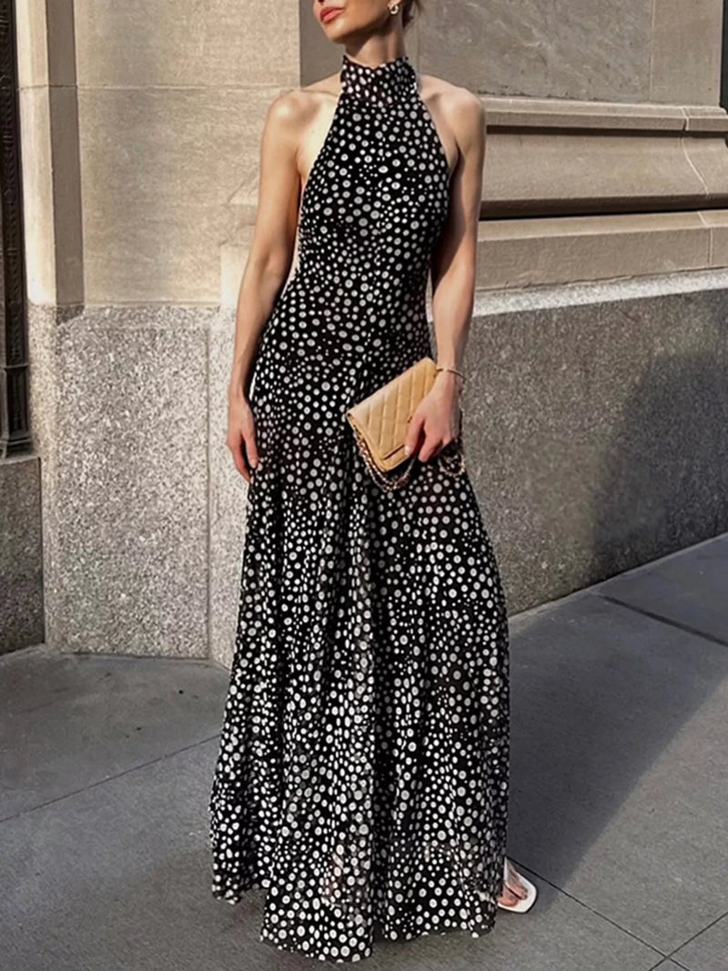 Black halter neck polka dot maxi dress, front view