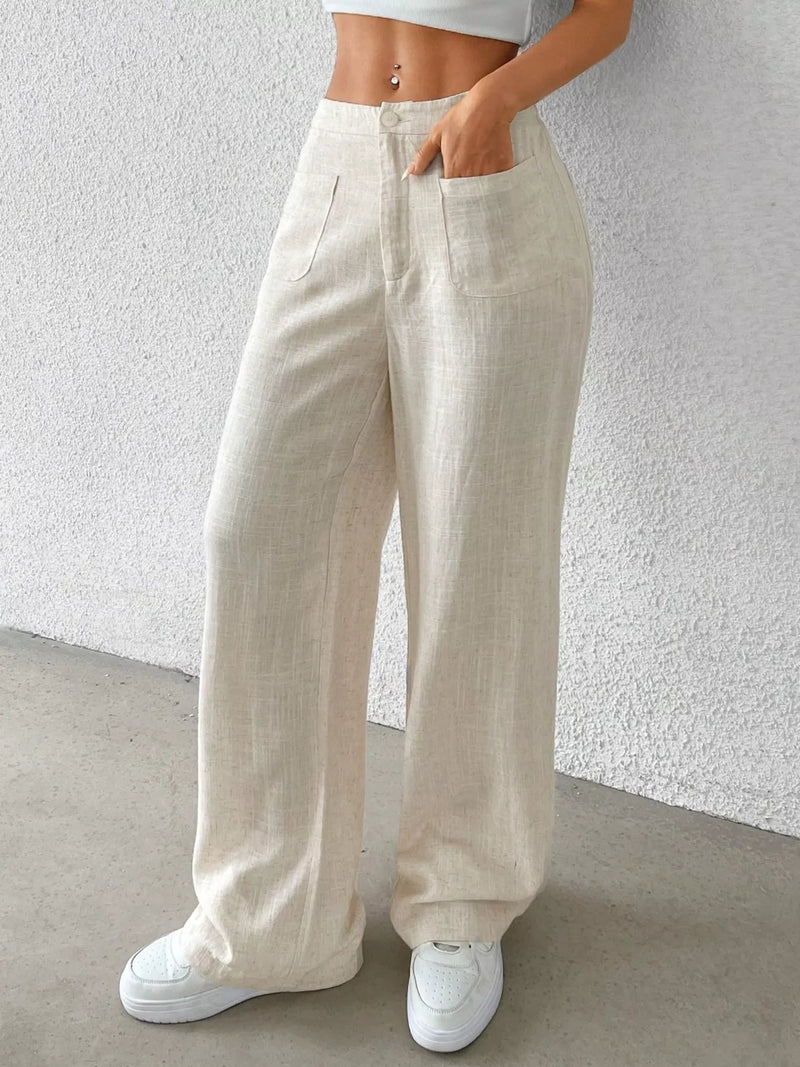 Cream high waisted wide leg linen blend pants front view