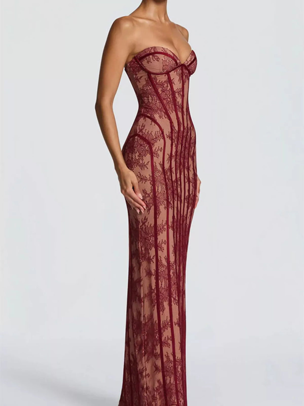 Lace Up Back Strapless Maxi Dress front view