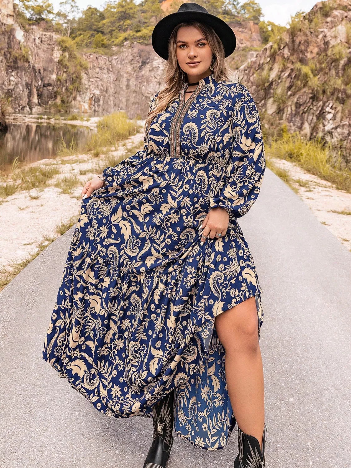 dark blue plus size floral long sleeve maxi dress full length view