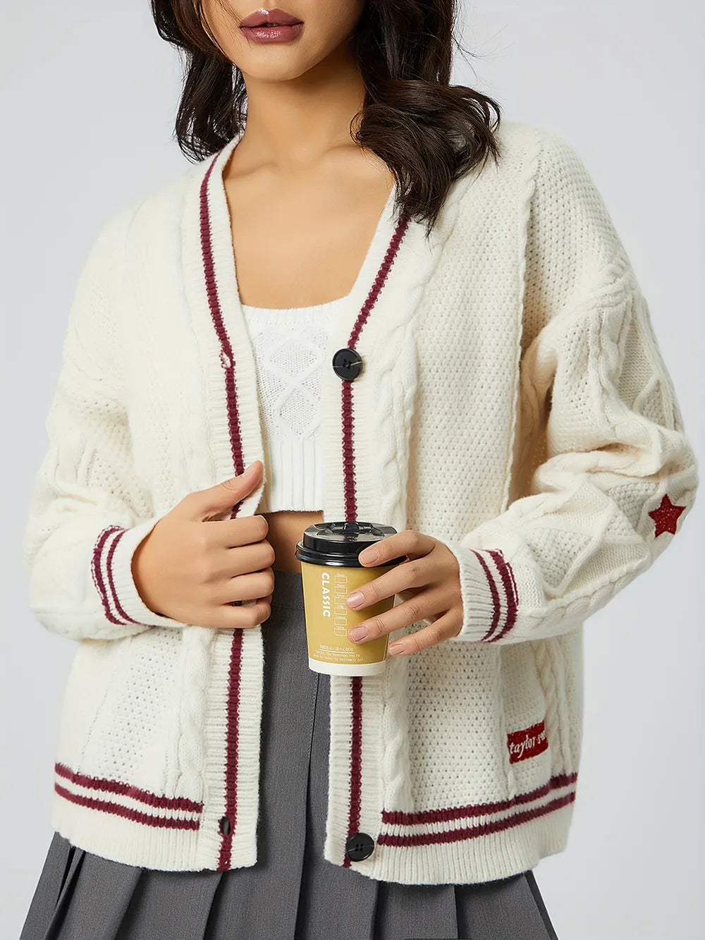 Star Embroidered V-Neck Long Sleeve Cardigan Burgundy One Size - Fashorio
