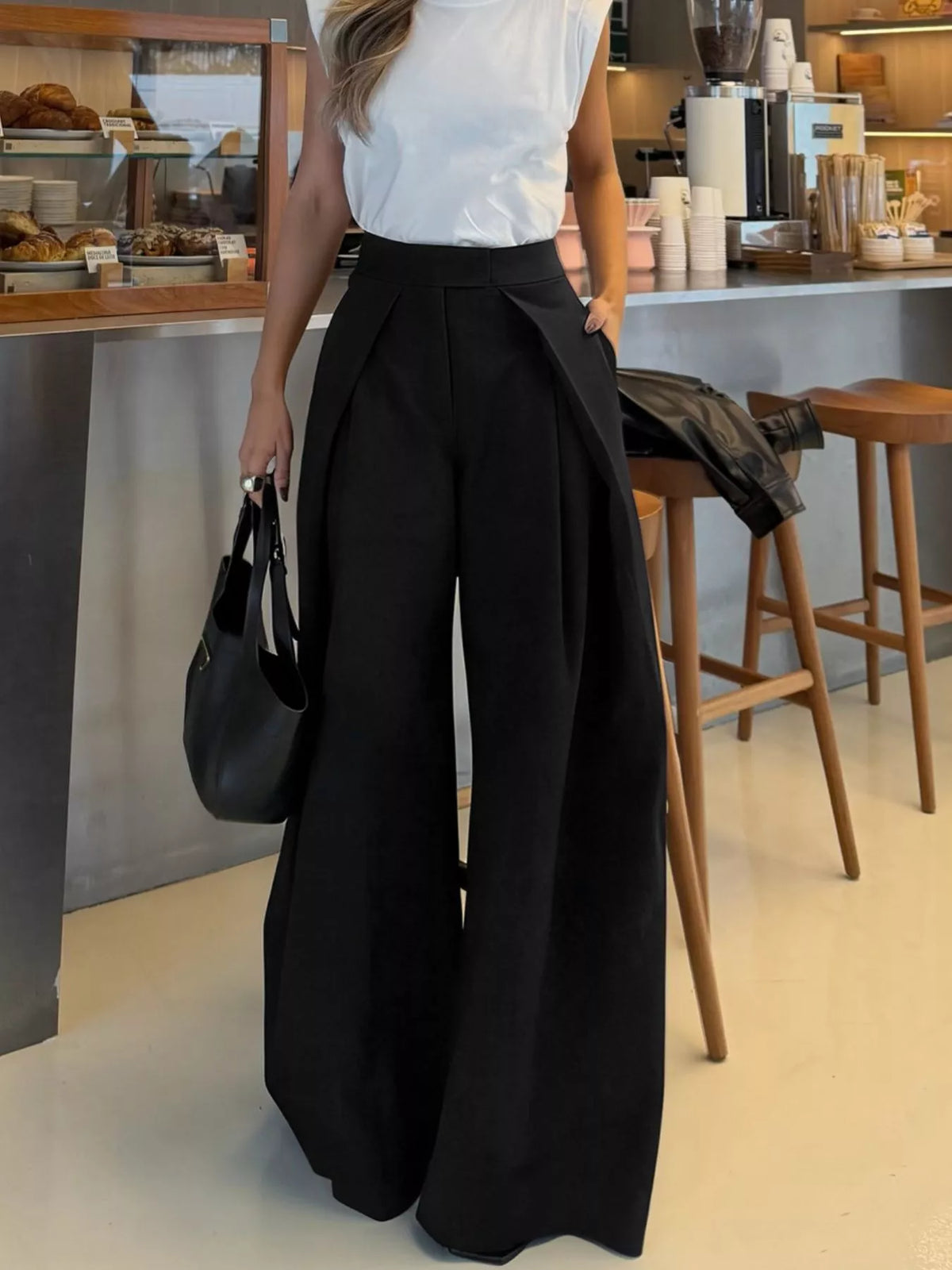 Side view showing the drape of the wide leg