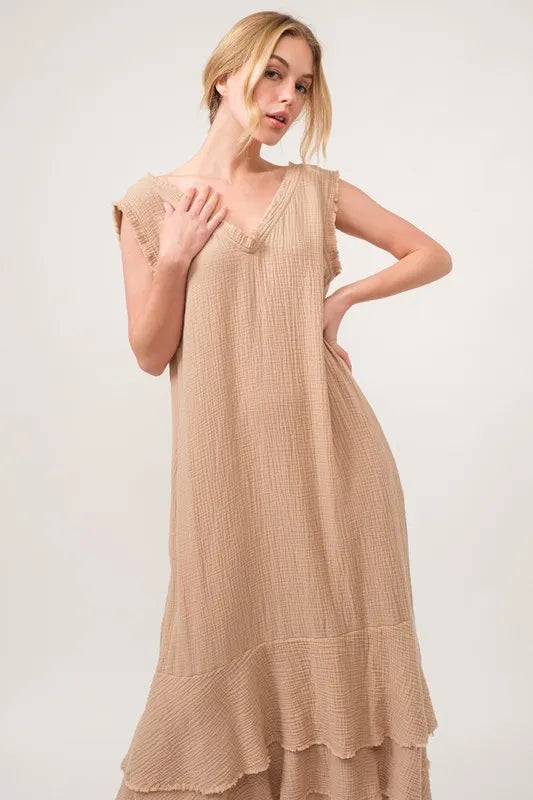 Washed Fringe Detail Tiered Dress close up
