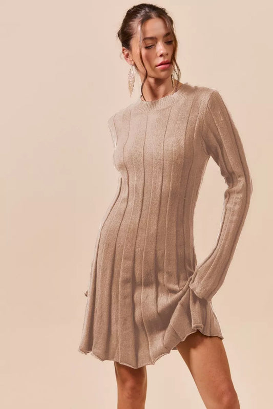 SO ME Ribbed Long Sleeve Mini Sweater Dress - Fashorio