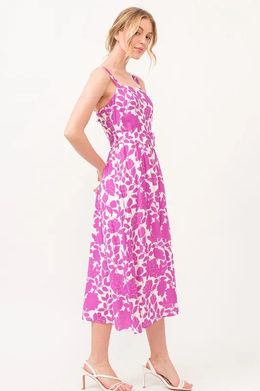 Floral Square Neck Belted Midi Dress in Magenta back view