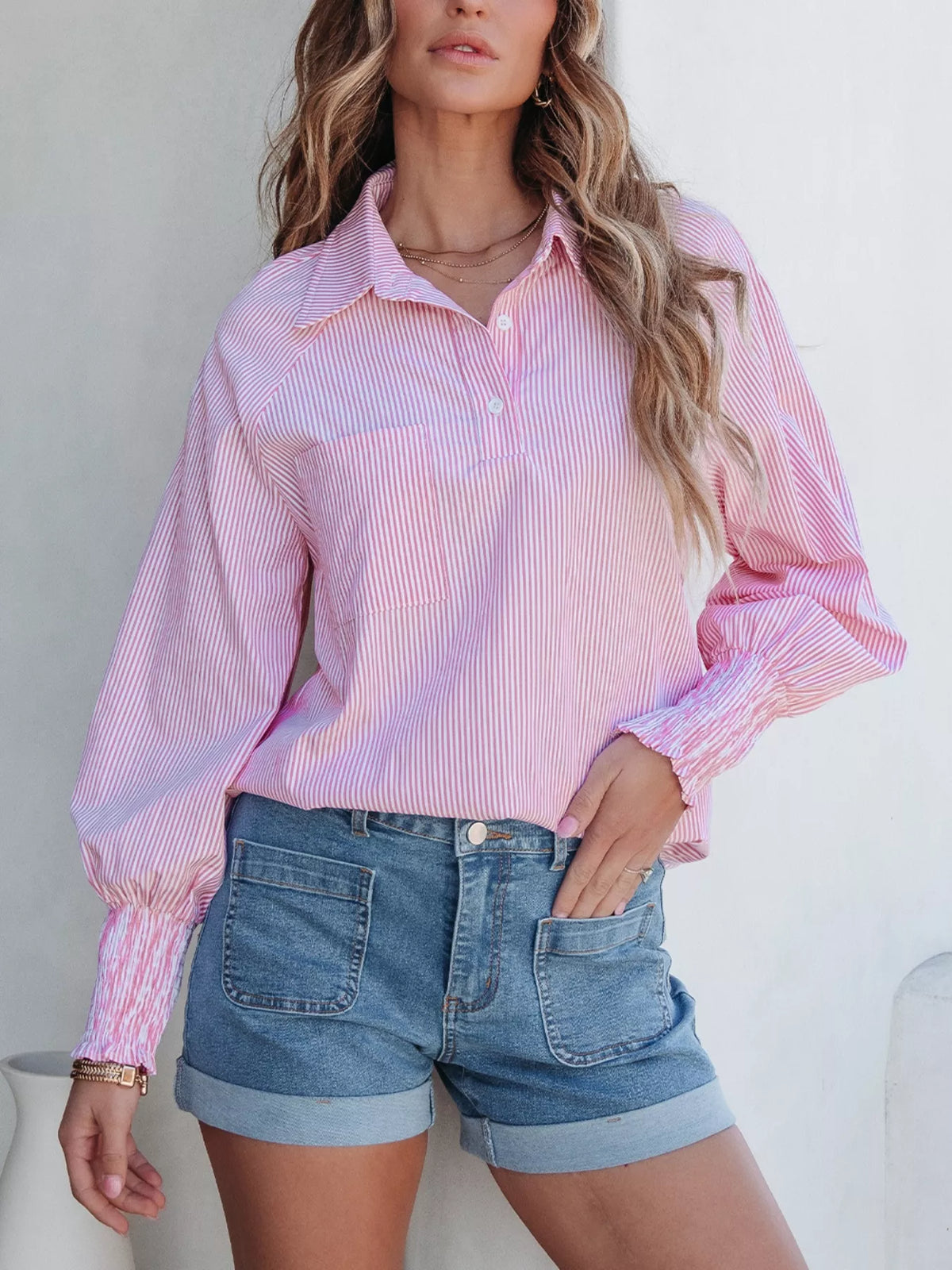 Pinstripe long sleeve smocked cuff blouse front view