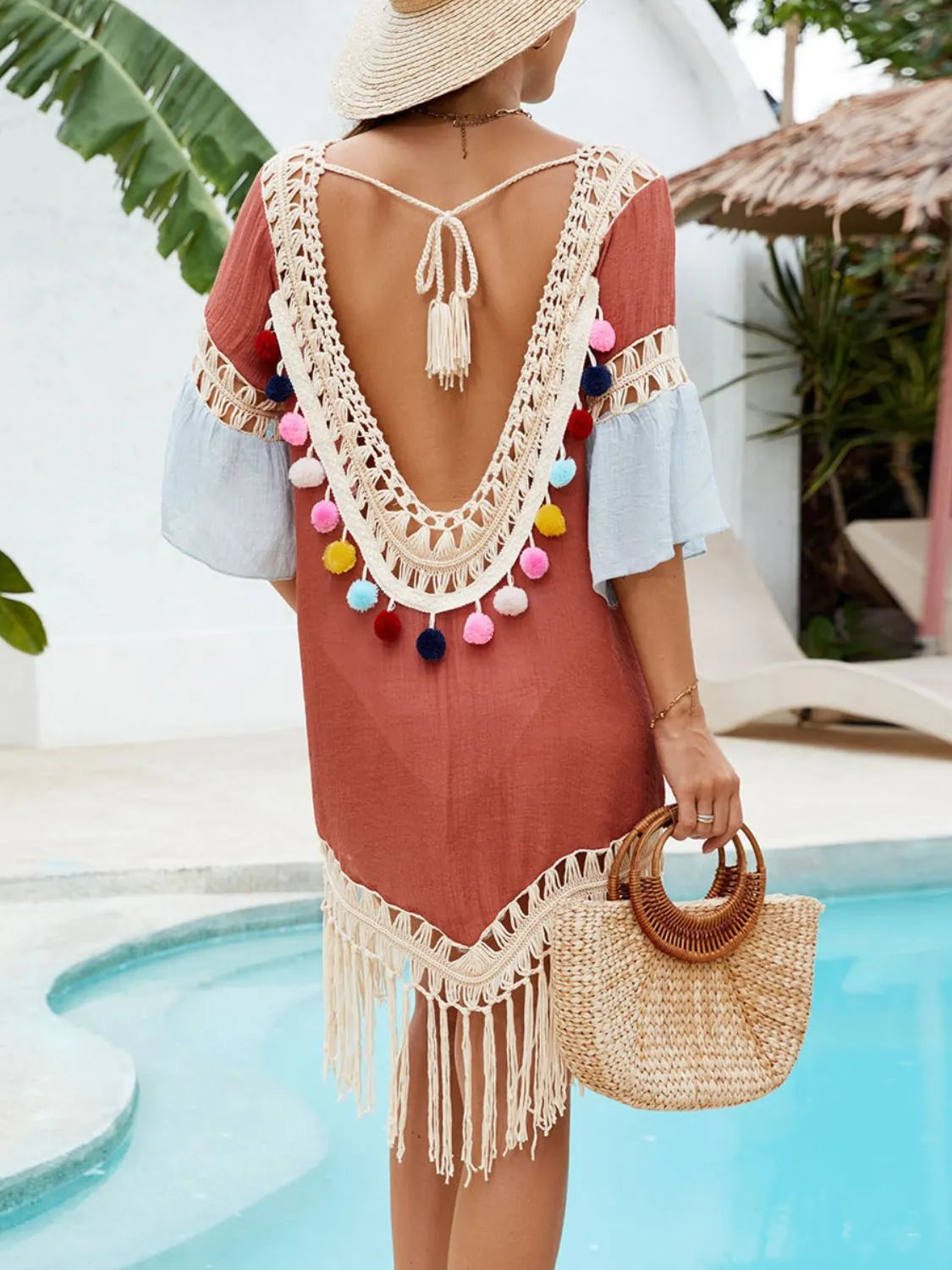 Backless Tassel Hem V-Neck Cover-Up - Fashorio